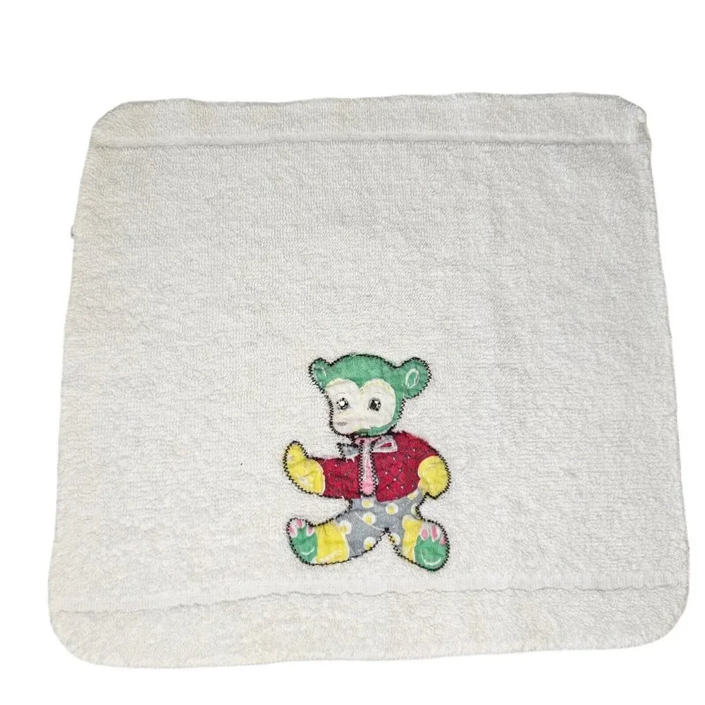 VTG Retro Kitschy Applique Animals 3 Pc Bath Towel Hand And Washrag Set‎ White